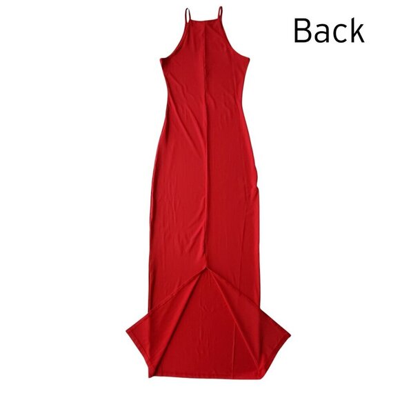 DAISY NWT Cherry Red High Neck Racerback Slit Sexy Maxi Dress BodyCon Size S - Picture 3 of 12